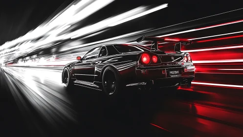 Sleek sports car rockets through neon tunnel at night.