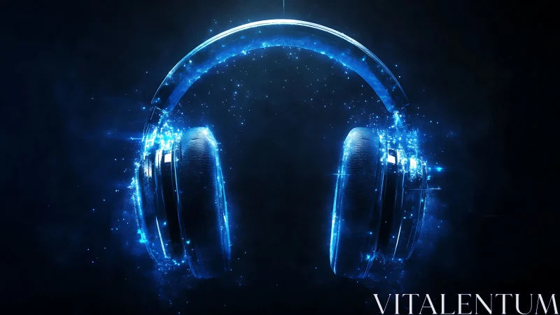 Digital blue over-ear headphones rendered with particle glow.