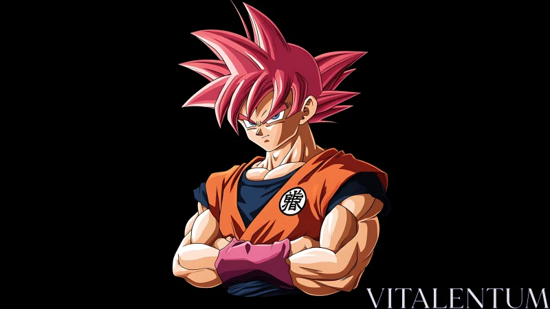 Pink haired anime warrior in orange gi, arms crossed.