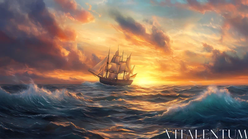 Tall ship under radiant sunset over turbulent seascape.