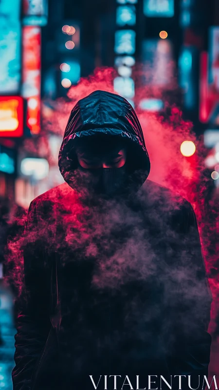 Hooded figure stands in neon city fog under vivid pink smoke