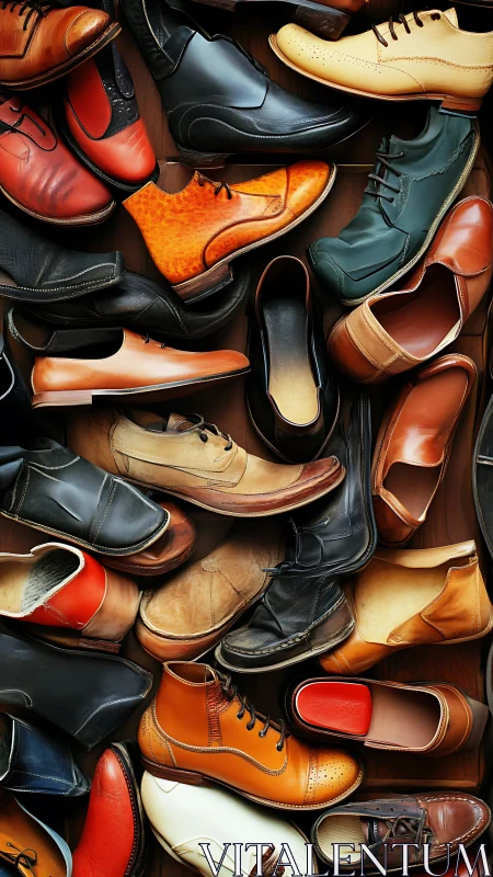 Mixed leather shoes arranged in dense overlapping layout.