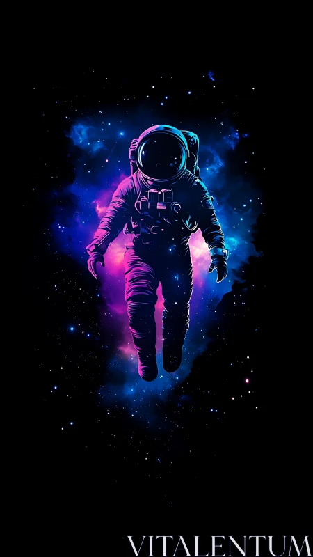 Neon astronaut drifts through glowing cosmic nebula void.