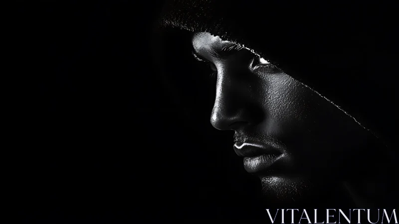 High-contrast hooded male portrait rendered in dramatic chiaroscuro