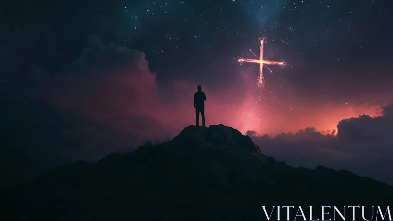 Silhouetted figure beneath radiant cross in cinematic night sky.