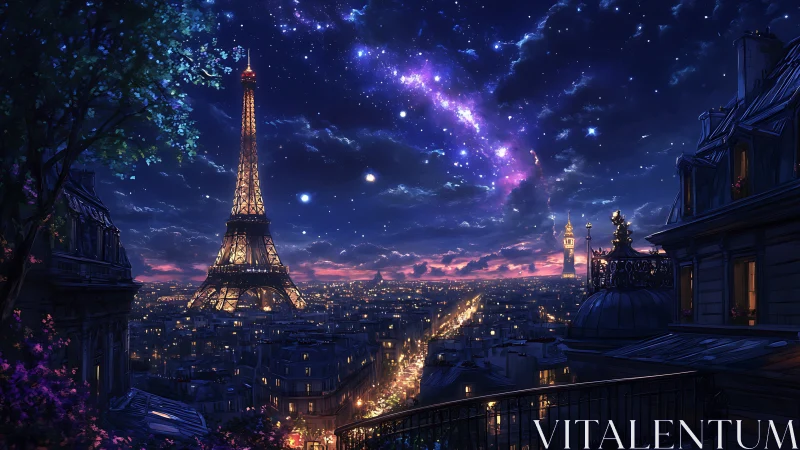 Starlit Paris skyline glows beneath a luminous cosmic band.