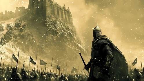 Armored knight leading medieval army below fortress walls.