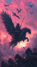 Armored rider on winged horse ascends above dark cavalry