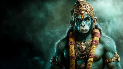 Blue-skinned divine monkey warrior in ornate gold regalia.