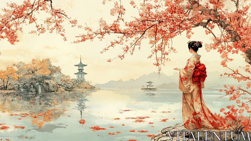 Gentle kimono-clad woman gazes across a quiet lakeside garden