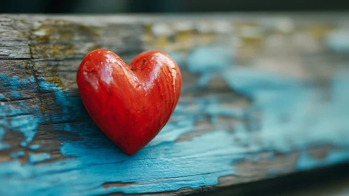 Crimson Heart Form on Weathered Painted Wood Surface with Selective Focus