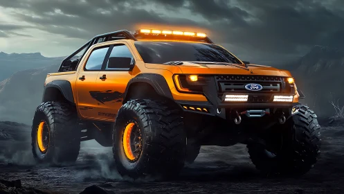 Bold orange off-road truck glowing against stormy skies.