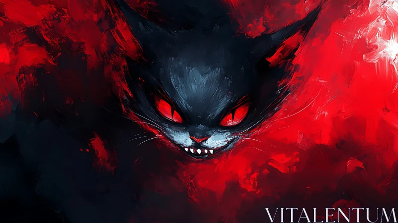 Fiery-eyed shadow cat emerging from swirling crimson fog.
