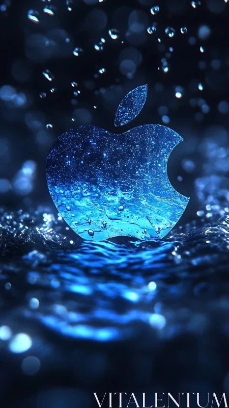 Apple-shaped water silhouette emerges amid blue droplets