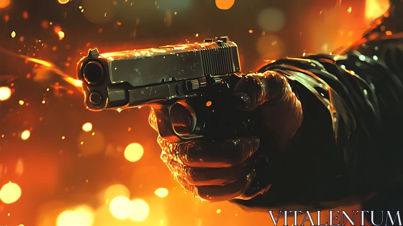 Pistol gripped in gloved hand amid glowing orange sparks