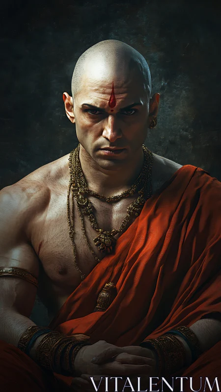 Fierce monk in ember robes radiates unshaken resolve.