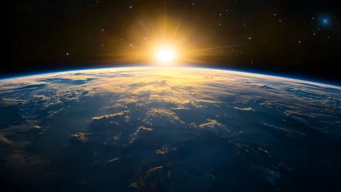 Sunrise over Earth from space with illuminated horizon.