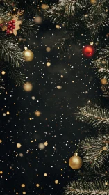 Snowy Christmas tree branches frame glowing baubles scene.
