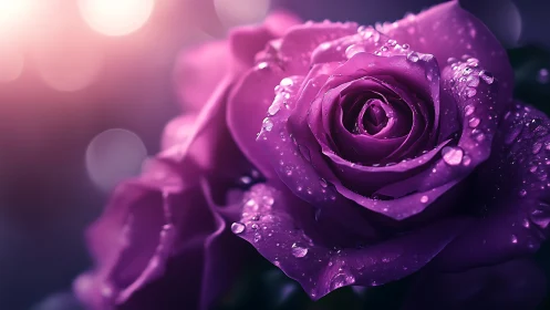 Purple rose with water droplets, soft-focus background.