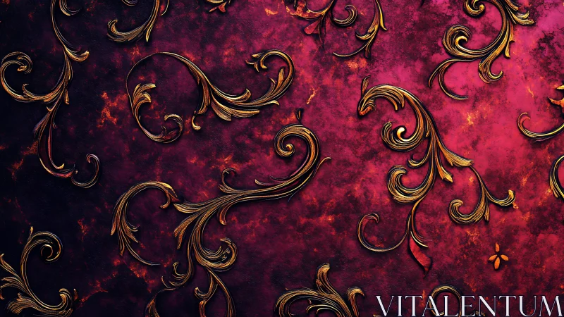 Golden scrollwork curls across a molten crimson twilight