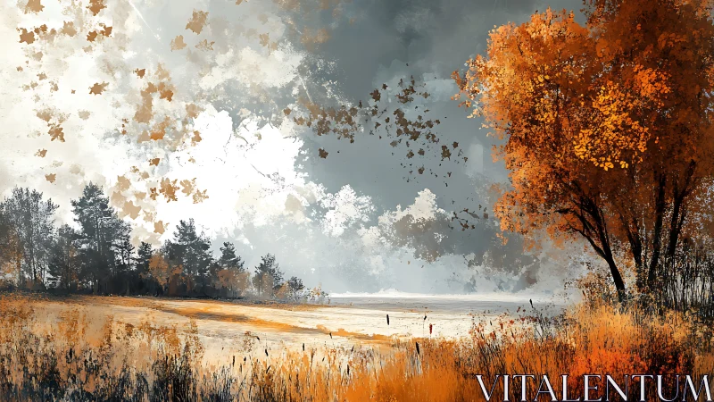 Autumn tree beside open field under dramatic sky.