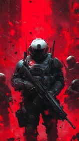 Armored infantry unit advancing through red smoke field.