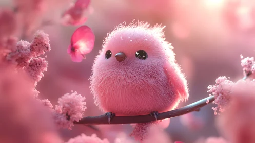 Pink puffball songbird perches in a haze of cherry light