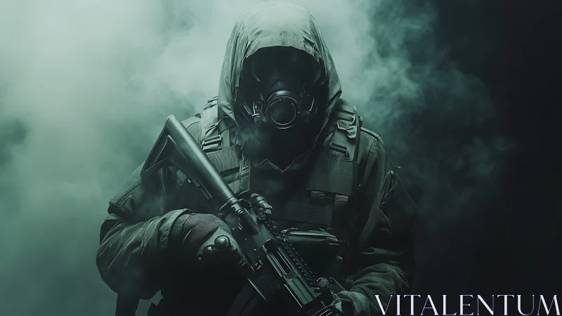 Heavily armed figure in gas mask amid dense green smoke.