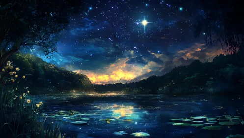Starlit lake reflects glowing horizon under deep night sky