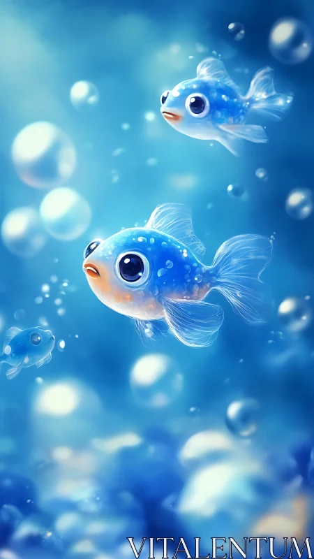 Koi-inspired blue fry with bokeh bubbles in soft aquatic light