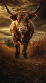 Photorealistic low-angle bull portrait with dramatic lighting.