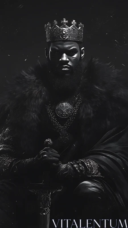 Dark monochrome portrait of crowned figure with sword seated.