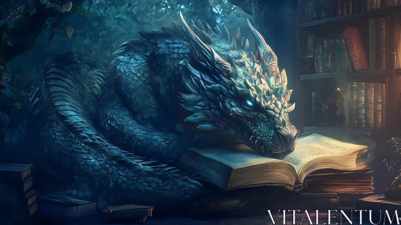 Mystic sapphire dragon studying an ancient glowing grimoire.