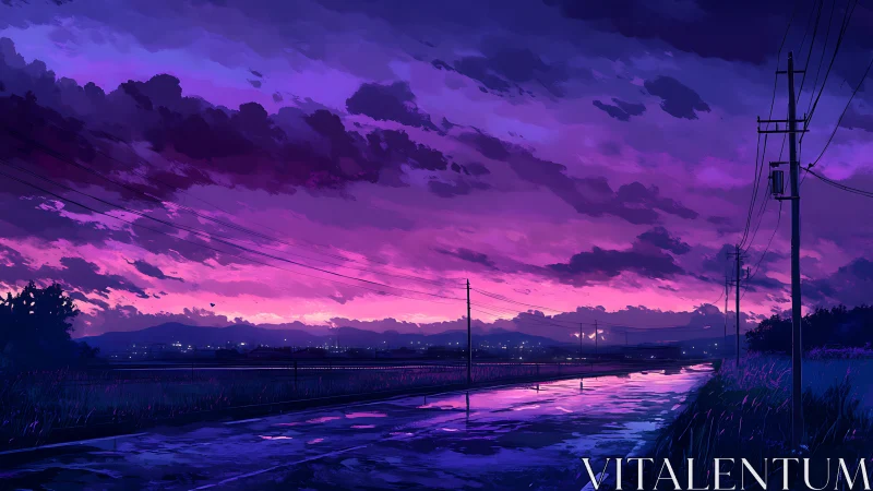 Twilight countryside road under vivid purple sunset sky.