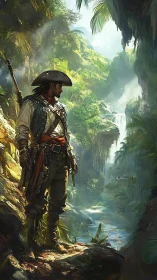 Heavily armed explorer overlooking dense tropical waterfall canyon