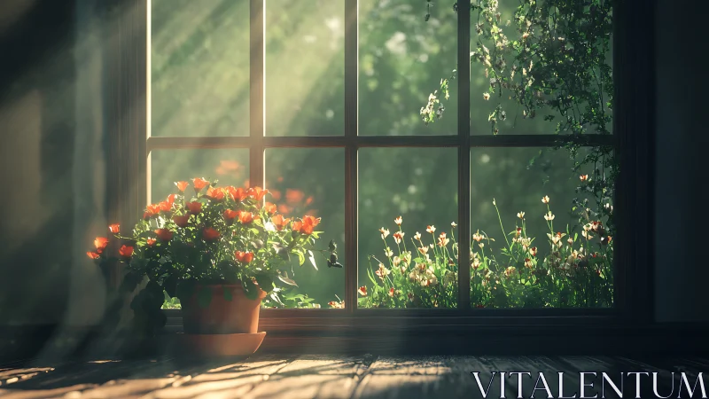 Potted red flowers by sunlit window with outdoor garden view.