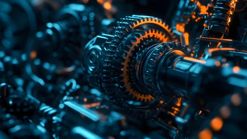 Close-up of Mechanical Gears in Futuristic Lighting, Industrial Style.