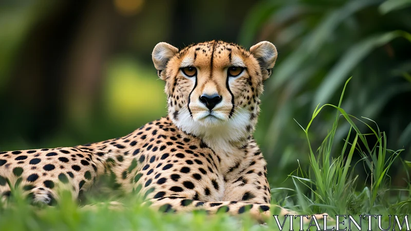 Resting cheetah lies in lush grass with alert forward gaze