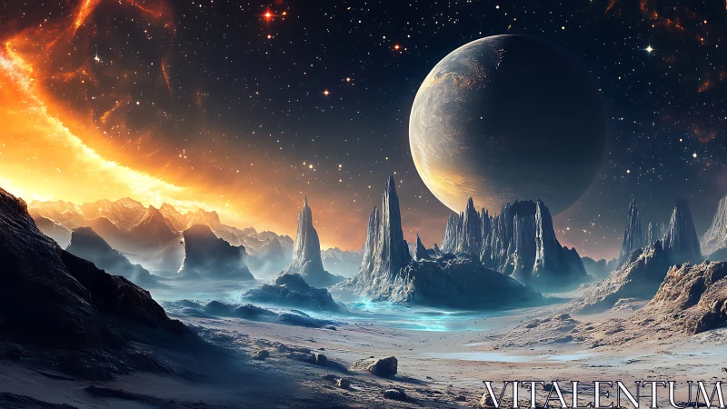 Exoplanetary ice desert with basalt spires and ringed gas giant