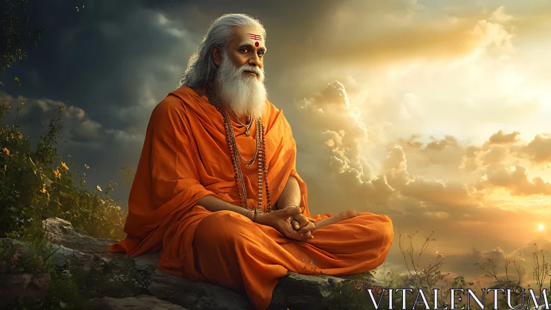 Serene sage meditates on a cliff beneath radiant sunset skies