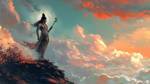 Divine warrior silhouette over blazing cloud horizon.