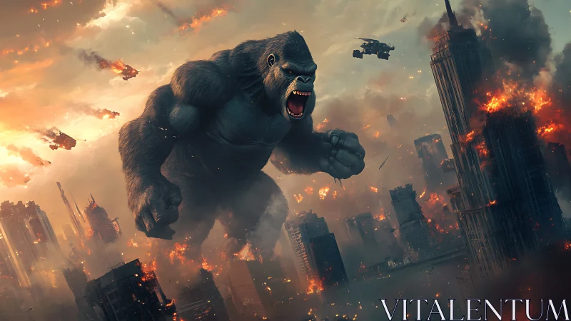 Giant gorilla rampaging through burning futuristic city.
