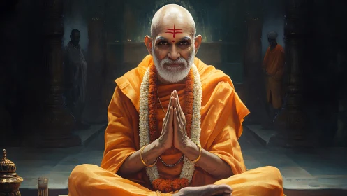 Serene Hindu guru in saffron robes within dim temple hall.