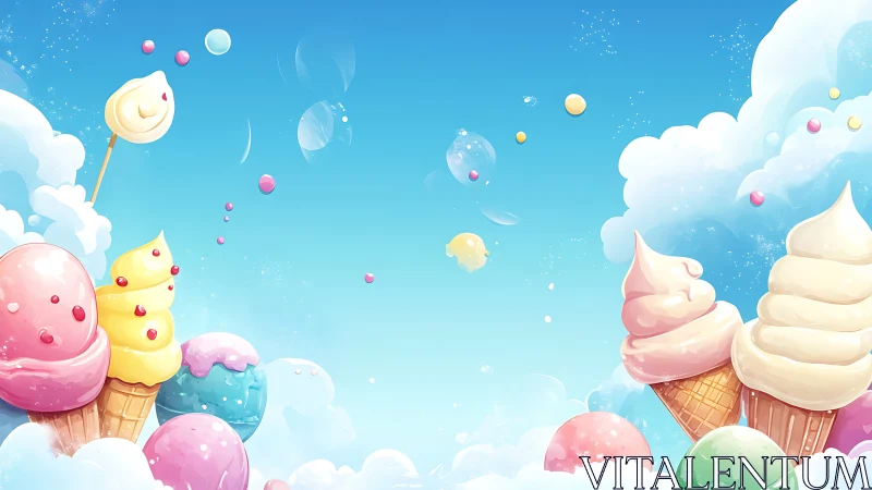 Whimsical sky filled with candy, ice cream cones, and colorful spheres.