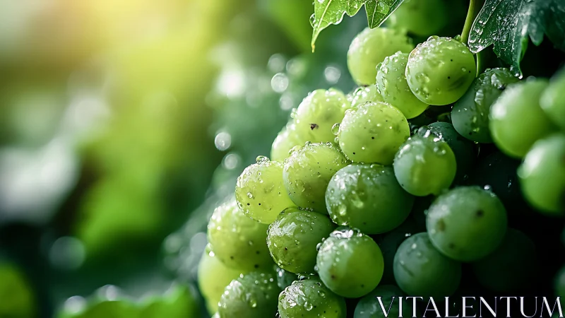 Close-up of green grapes with water droplets on vine.