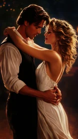 Romantic couple embrace, golden hour lighting.