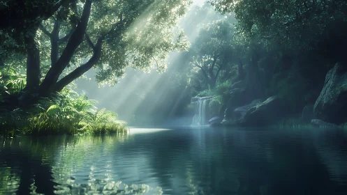 Ethereal Forest Waterfall. Sunlit Jungle Sanctuary with Cascading Water.
