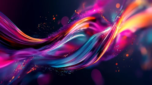 Vibrant neon light trails twist across dark abstract space