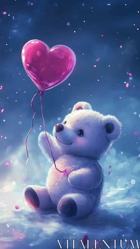 White teddy bear holds pink heart balloon in glowing light