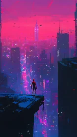 Solitary figure overlooking neon pink cyberpunk skyline.